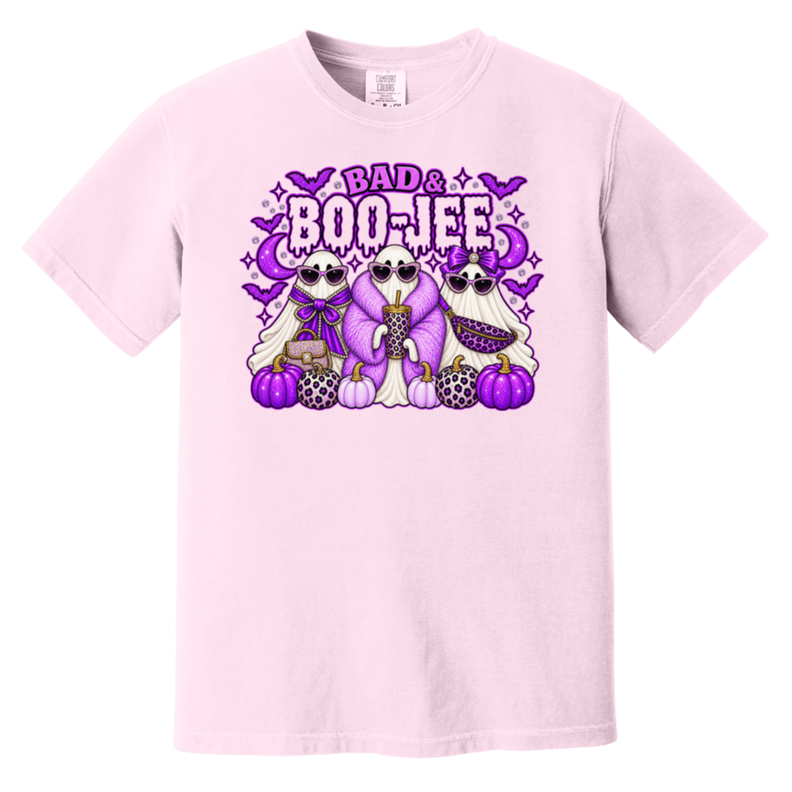 short-sleeve crewneck t-shirt featuring a colorful graphic print of three cartoon ghosts and purple pumpkins, under the text 'BAD & BOO-JEE'.