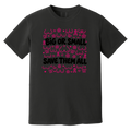 Black short-sleeve T-shirt with a pink and black awareness-themed graphic that reads 'BIG OR SMALL SAVE THEM ALL' surrounded by breast cancer awareness symbols.
