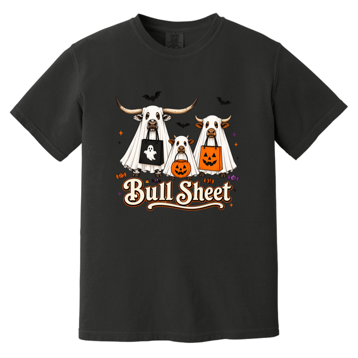 A black crewneck t-shirt featuring a Halloween graphic of three longhorn bulls dressed in ghost costumes, with one pumpkin and one ghost bag, and the text 'Bull Sheet' written below.