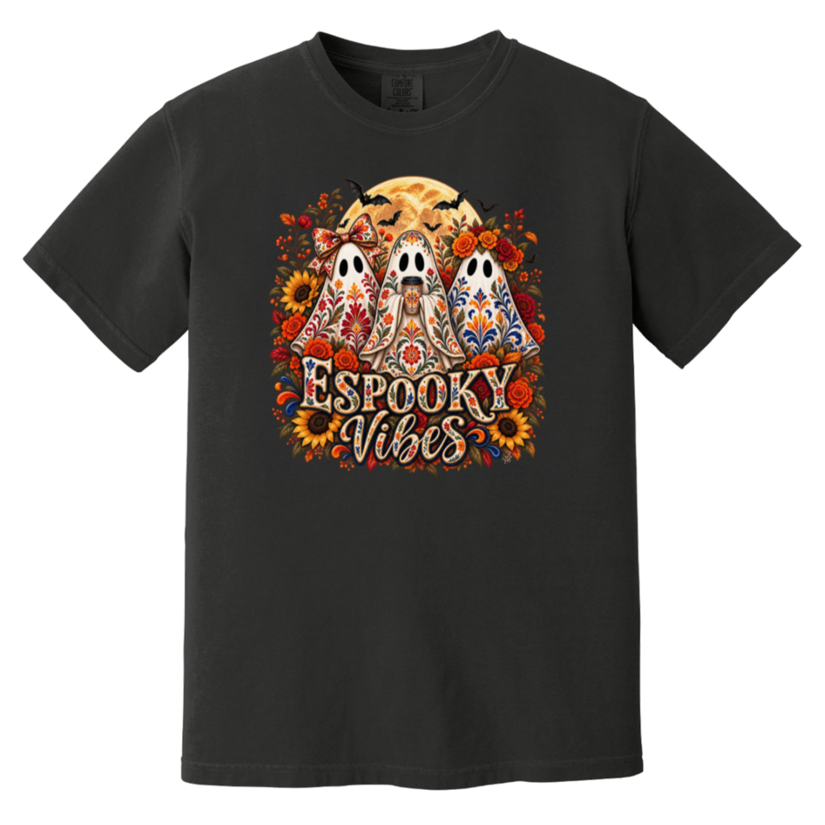 Black crewneck t-shirt featuring a colorful graphic print of three decorated ghosts, sunflowers, bats, and the text 'Espooky Vibes' in a stylized font.