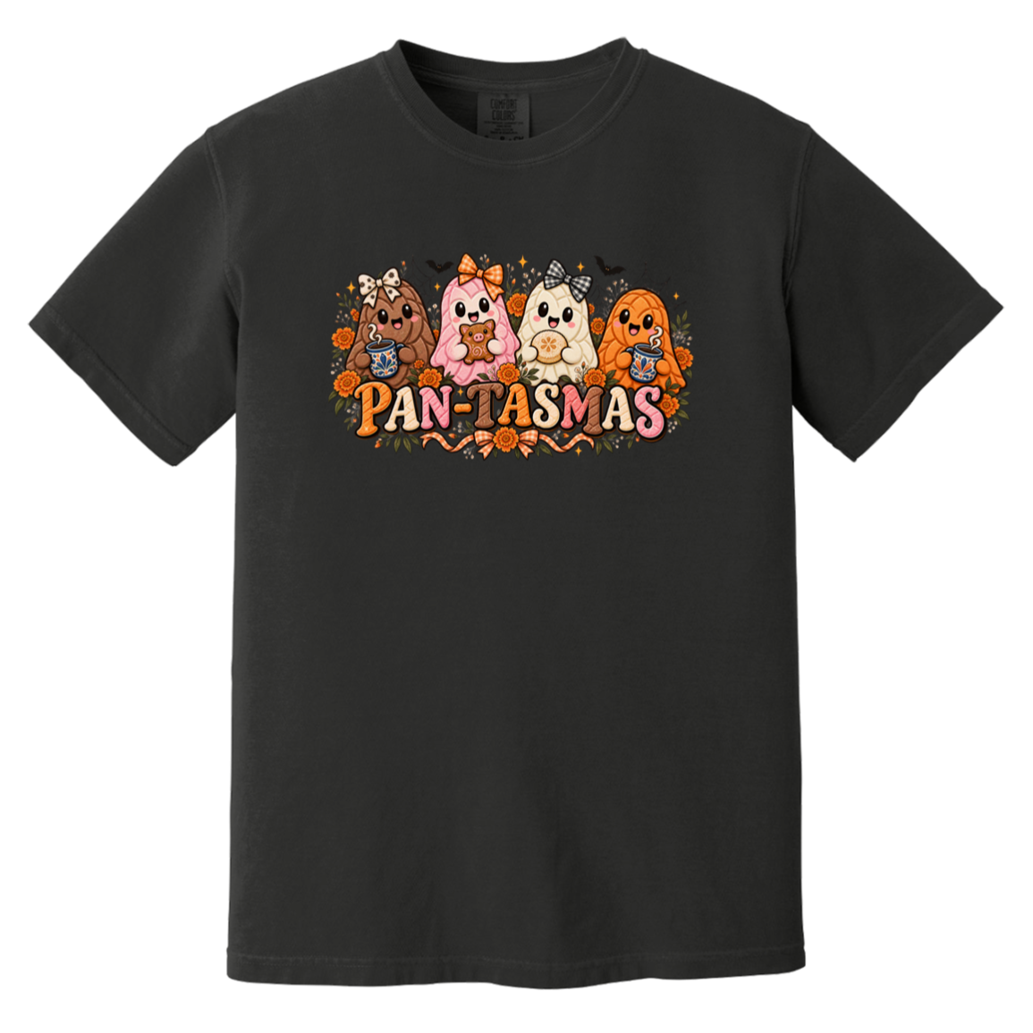 A black crewneck t-shirt featuring a colorful graphic of four ghost like pan dulce breads with the text 'PAN-TASMAS' printed below them.