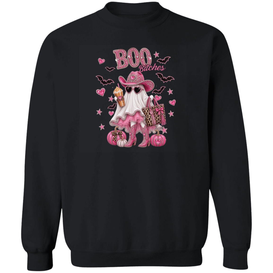 Black crewneck sweatshirt with a pink and black 'Boo Bitches' Halloween graphic featuring a ghost, cowboy hat, sunglasses, and pumpkins.