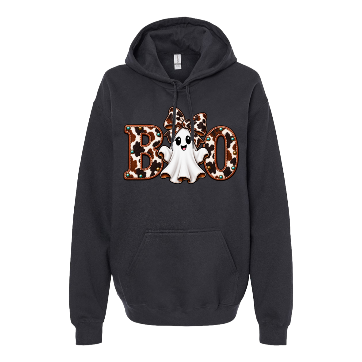 Black hoodie with a ghost wearing a large cowhide bow and the word boo with the ghost in the middle of the word
