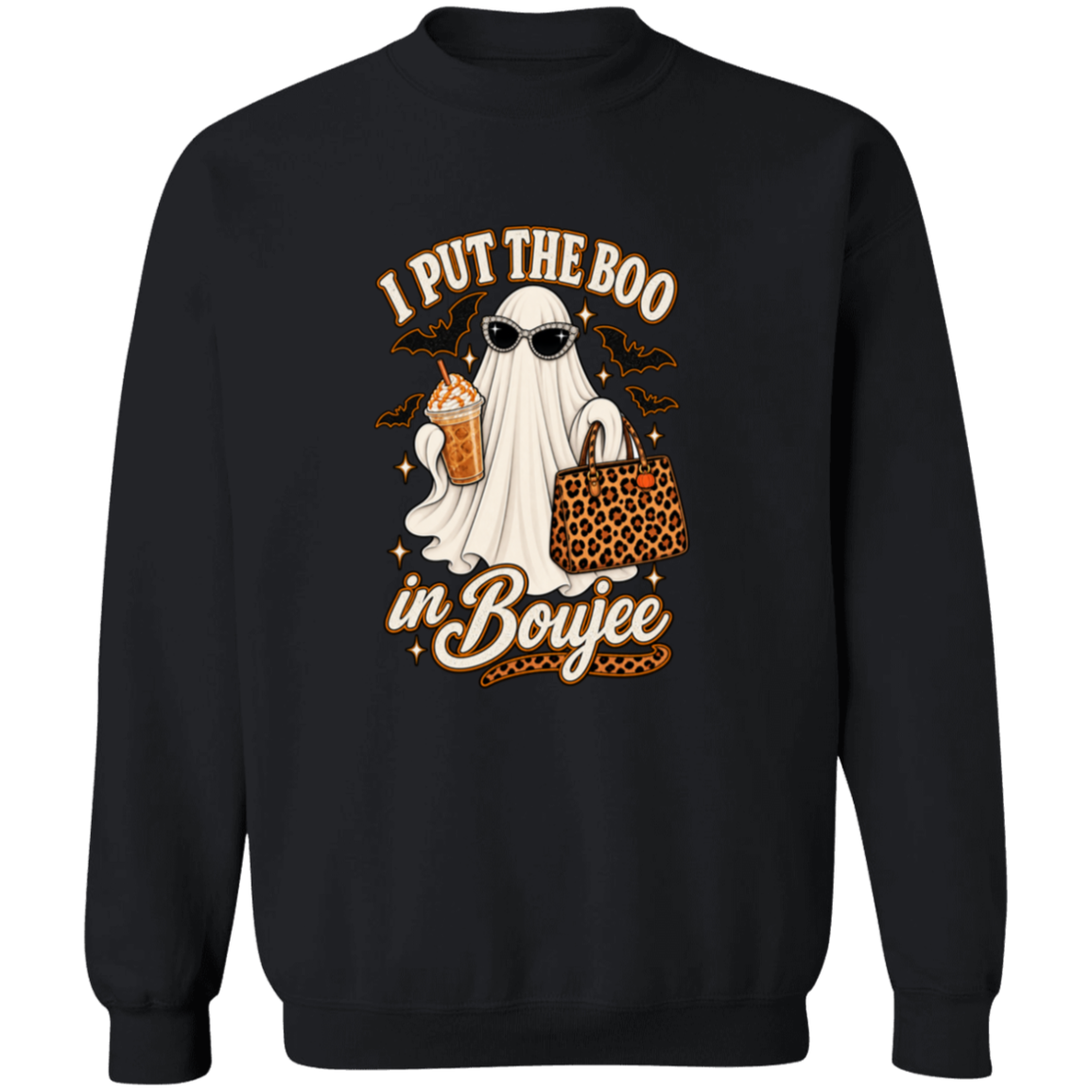 A black crewneck sweatshirt featuring a Halloween-themed graphic print of a ghost wearing sunglasses and holding a leopard-print handbag next to an iced coffee, with the text 'I PUT THE BOO in Boujee'.
