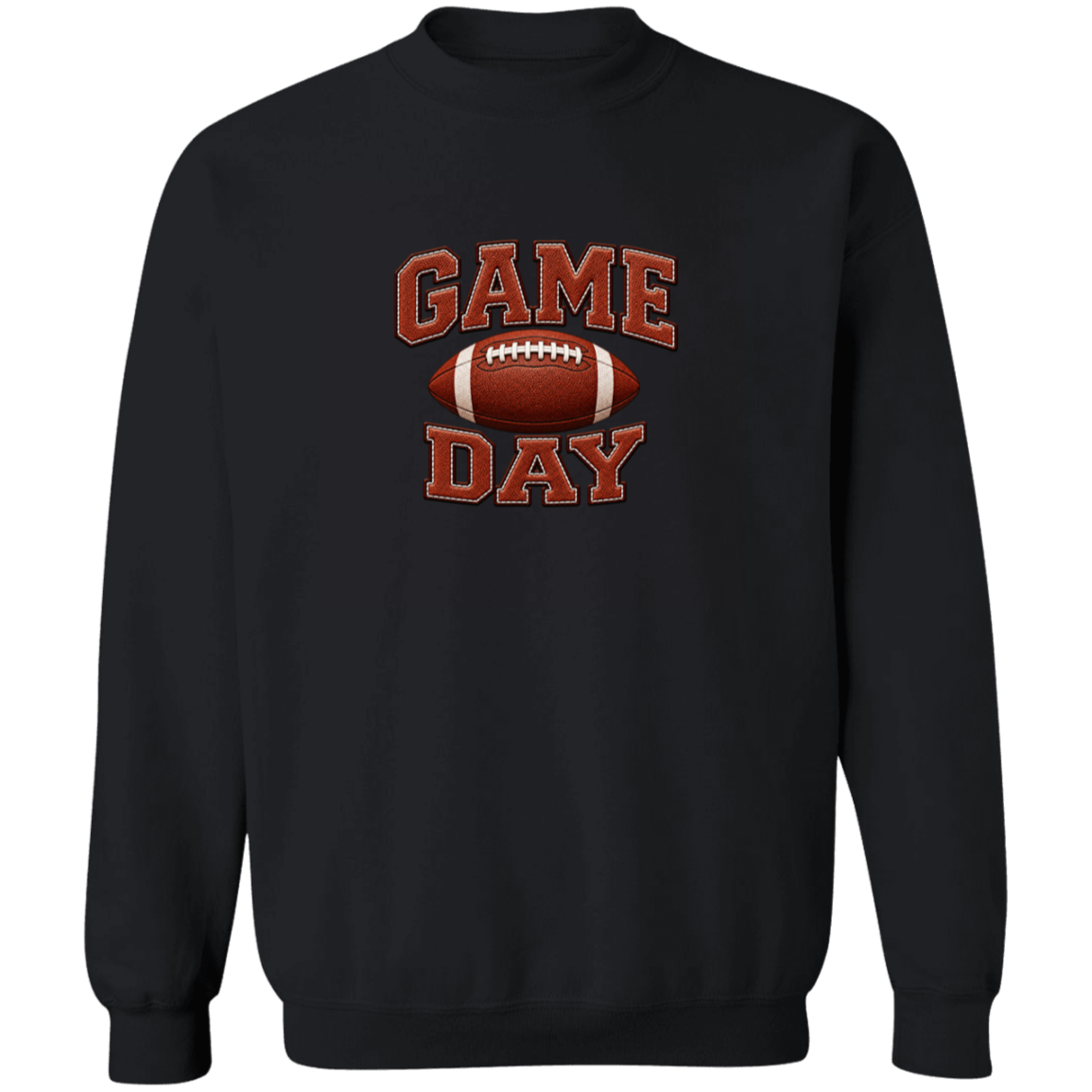 A black crewneck sweatshirt featuring a 'GAME DAY' football graphic on the chest, displayed against a solid white background.