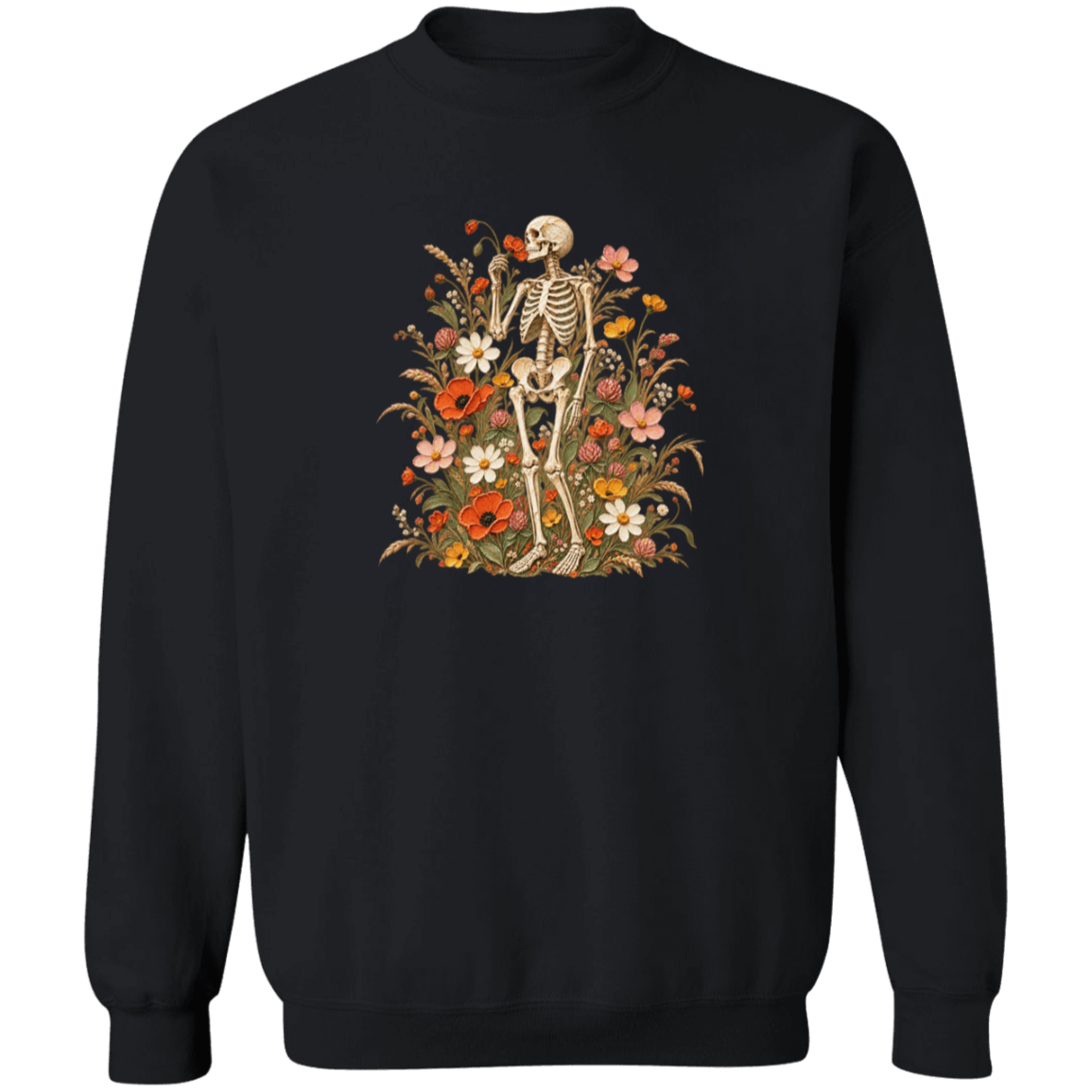 A black crewneck sweatshirt featuring a central graphic of a skeleton standing amidst a dense arrangement of orange, red, pink, and white flowers.