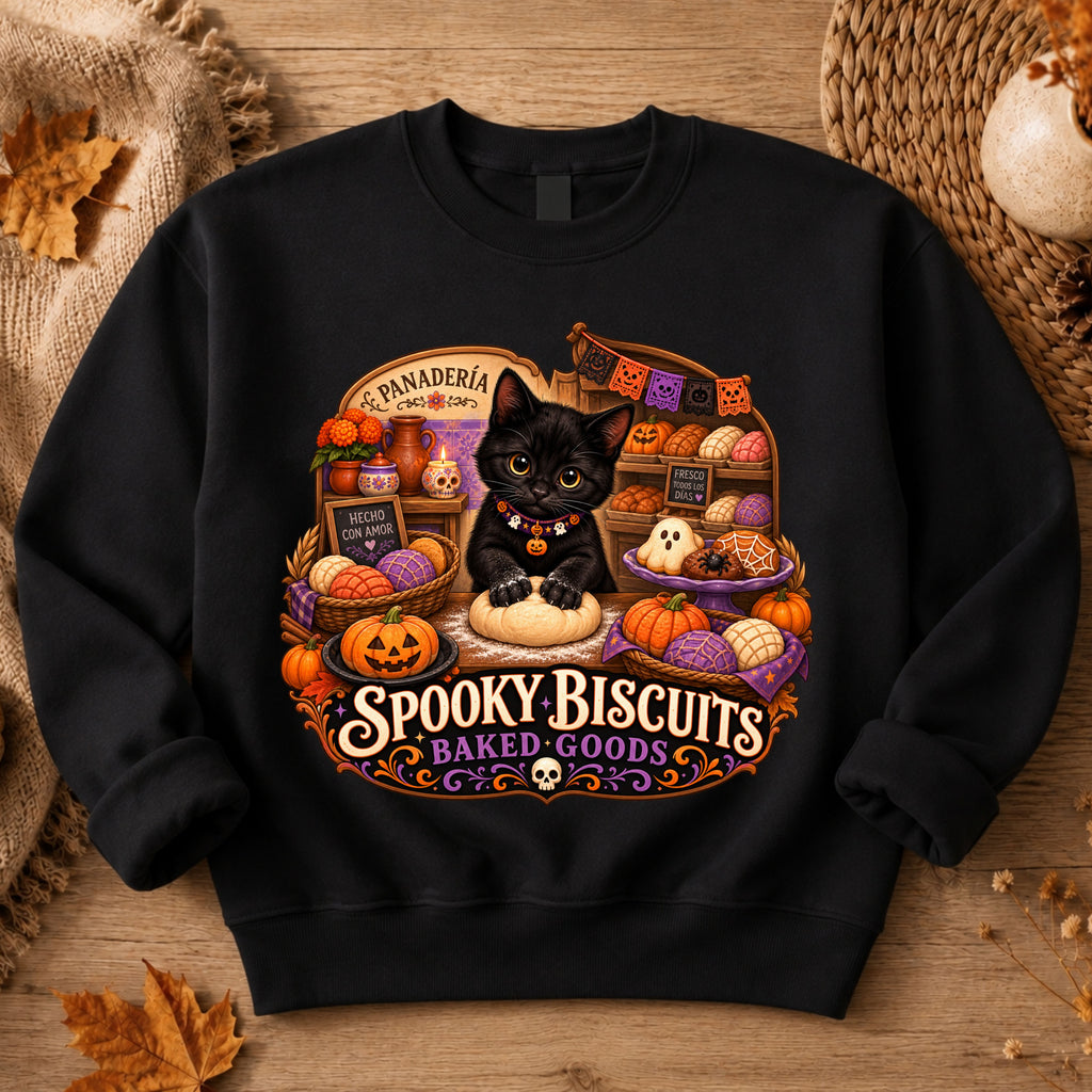 A black crewneck sweatshirt with a large, colorful Halloween-themed graphic on the front. The graphic features a black cat surrounded by pumpkins, ghosts, and the text 'Spooky Biscuits Baked Goods'.