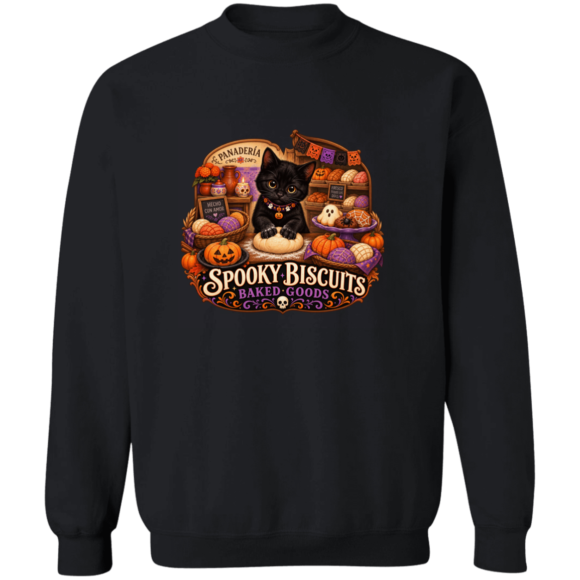 Black crewneck sweatshirt with a large, colorful Halloween-themed graphic on the front. The graphic features a black cat surrounded by pumpkins, ghosts, and the text 'Spooky Biscuits Baked Goods'.