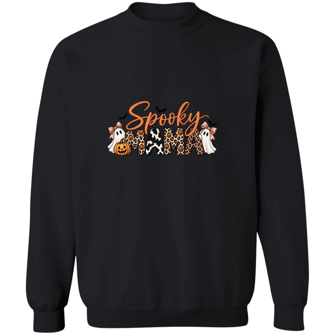 Black crewneck sweatshirt with a 'Spooky Mama' graphic featuring Halloween-themed characters and patterns.