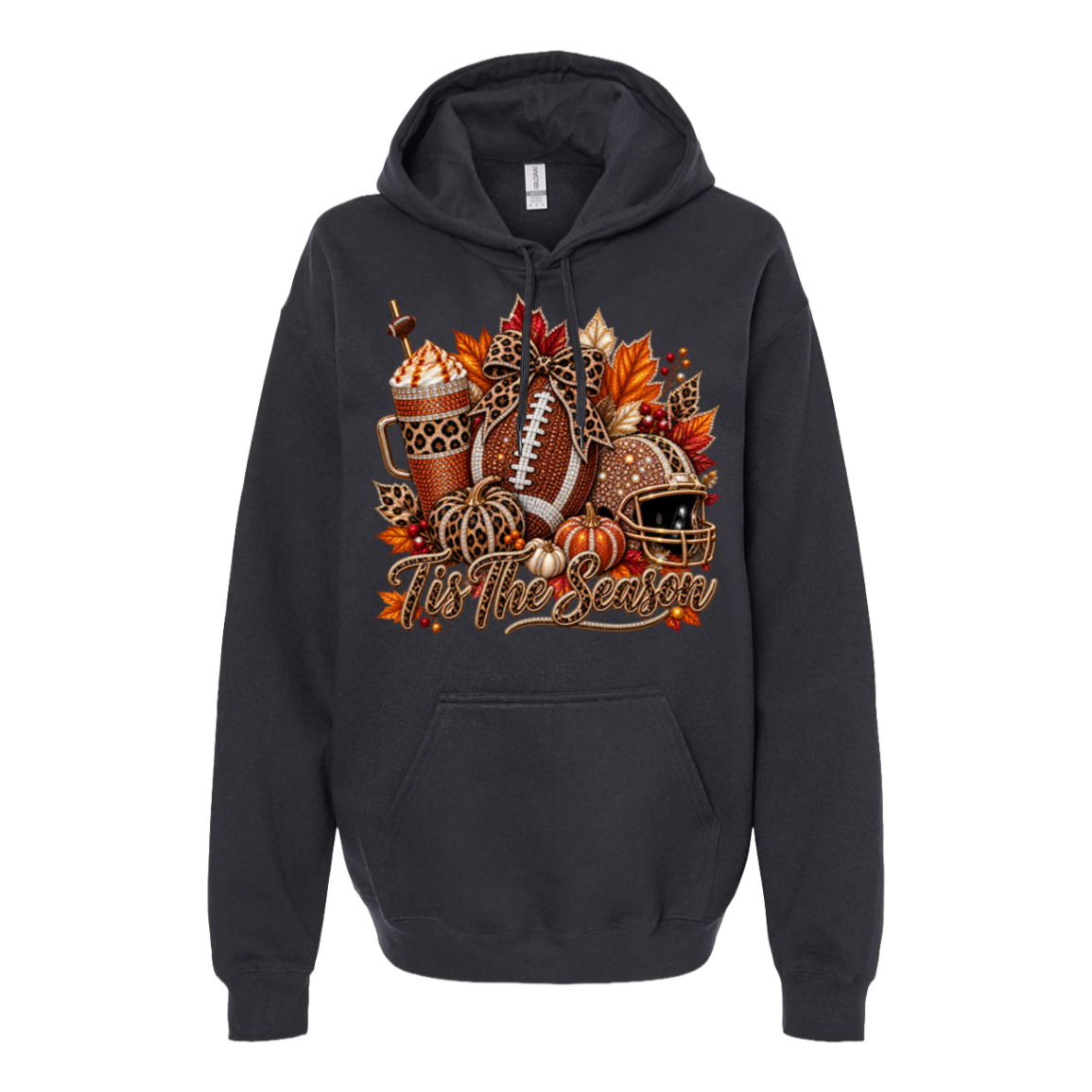 Black hoodie with a rustic fall themed image featuring a football, iced coffee, football helmet and pumpkins with the phrase “tis the season”