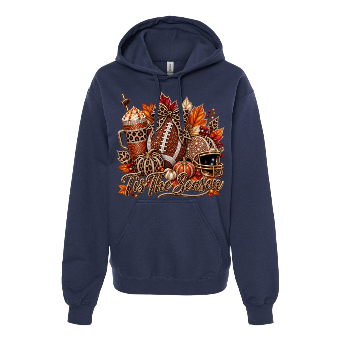 Blue hoodie with a rustic fall themed image featuring a football, iced coffee, football helmet and pumpkins with the phrase “tis the season”