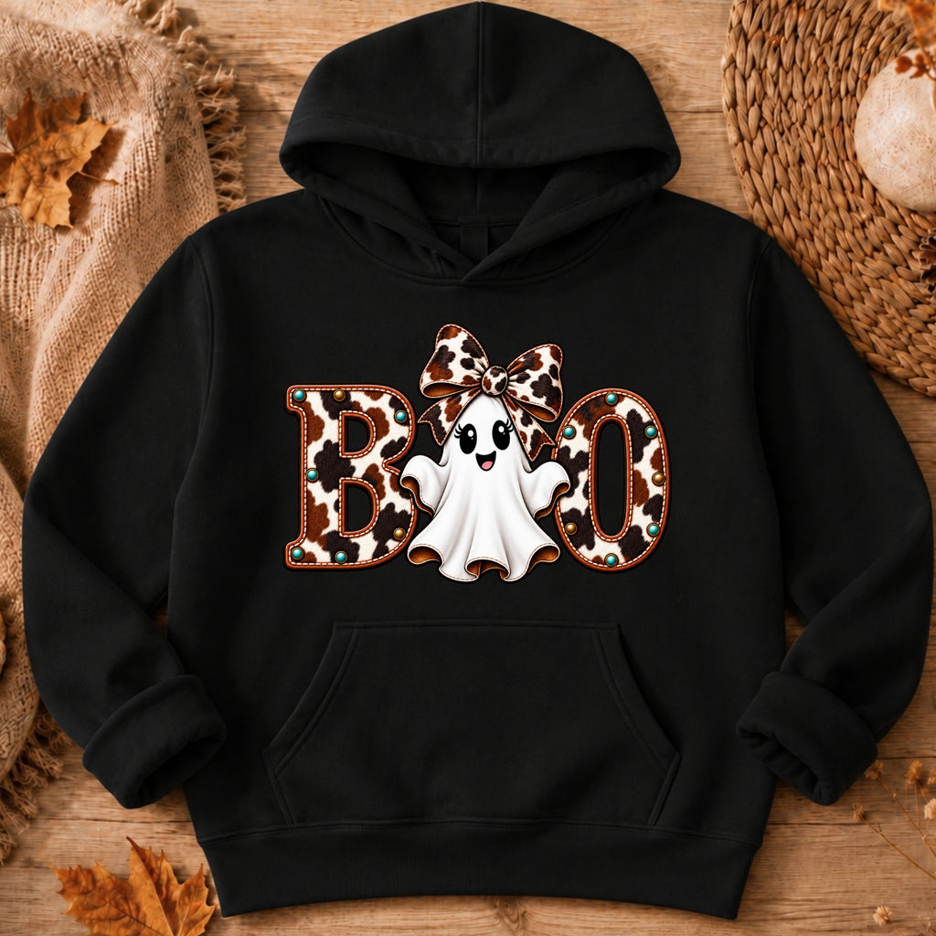 Black hoodie with a ghost wearing a large cowhide bow and the word boo with the ghost in the middle of the word