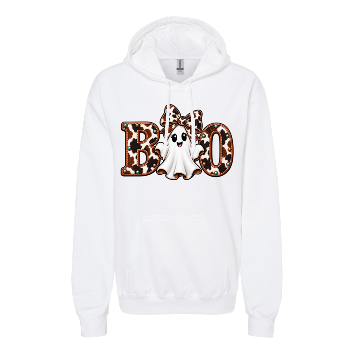 White hoodie with a ghost wearing a large cowhide bow and the word boo with the ghost in the middle of the word