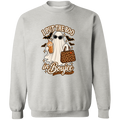 A light gray crewneck sweatshirt featuring a Halloween-themed graphic print. The design shows a ghost wearing sunglasses and holding a leopard-print handbag next to a drink, with the text 'I PUT THE BOO in Boujee' in brown and white stylized lettering.