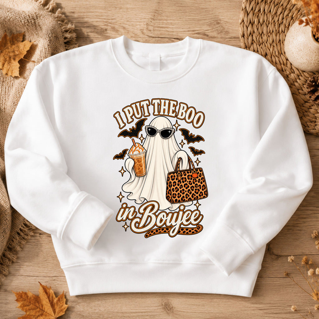white crewneck sweatshirt with a graphic print that reads 'I PUT THE BOO in Boujee' featuring a ghost in sunglasses holding a drink and a leopard-print handbag.