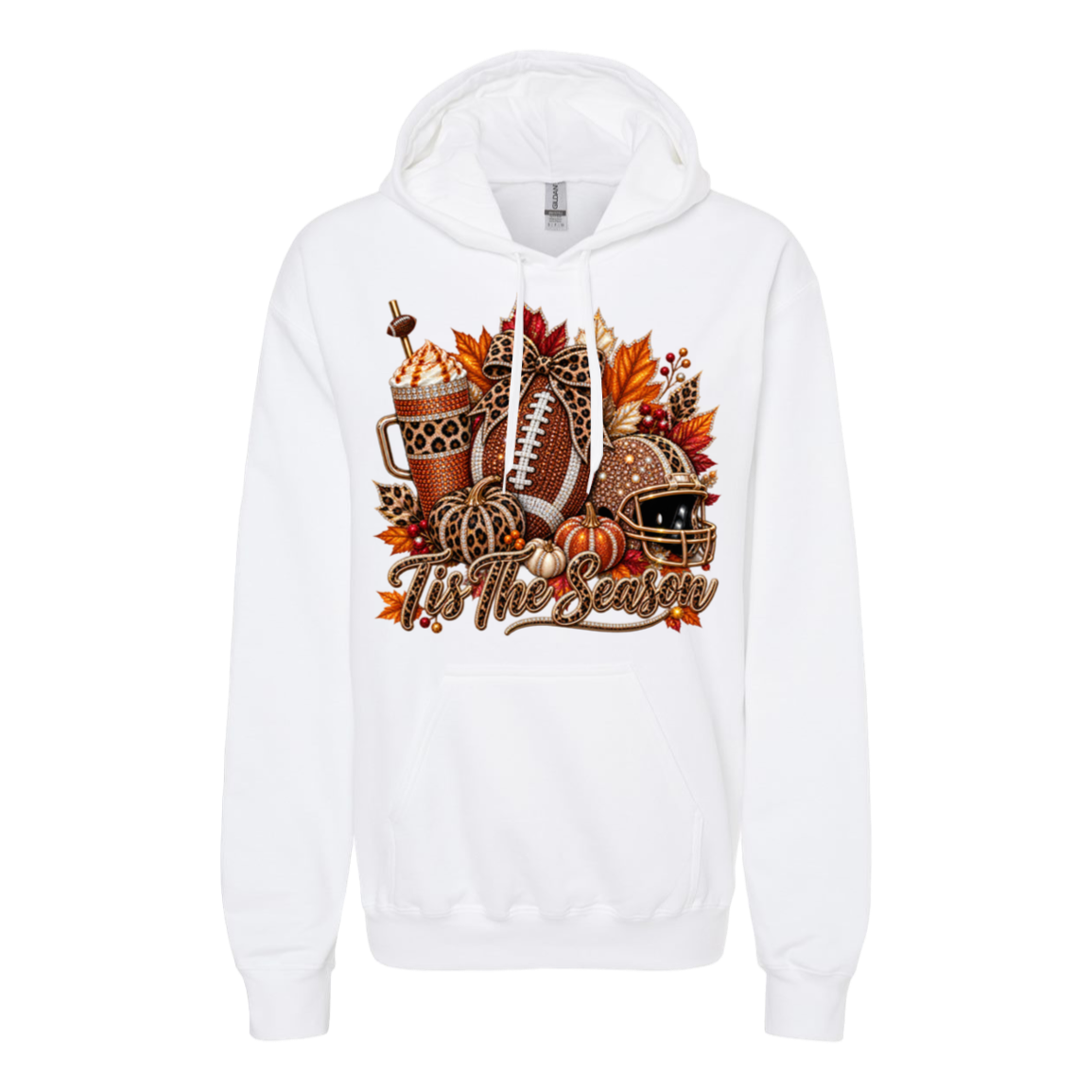 White hoodie with a rustic fall themed image featuring a football, iced coffee, football helmet and pumpkins with the phrase “tis the season”
