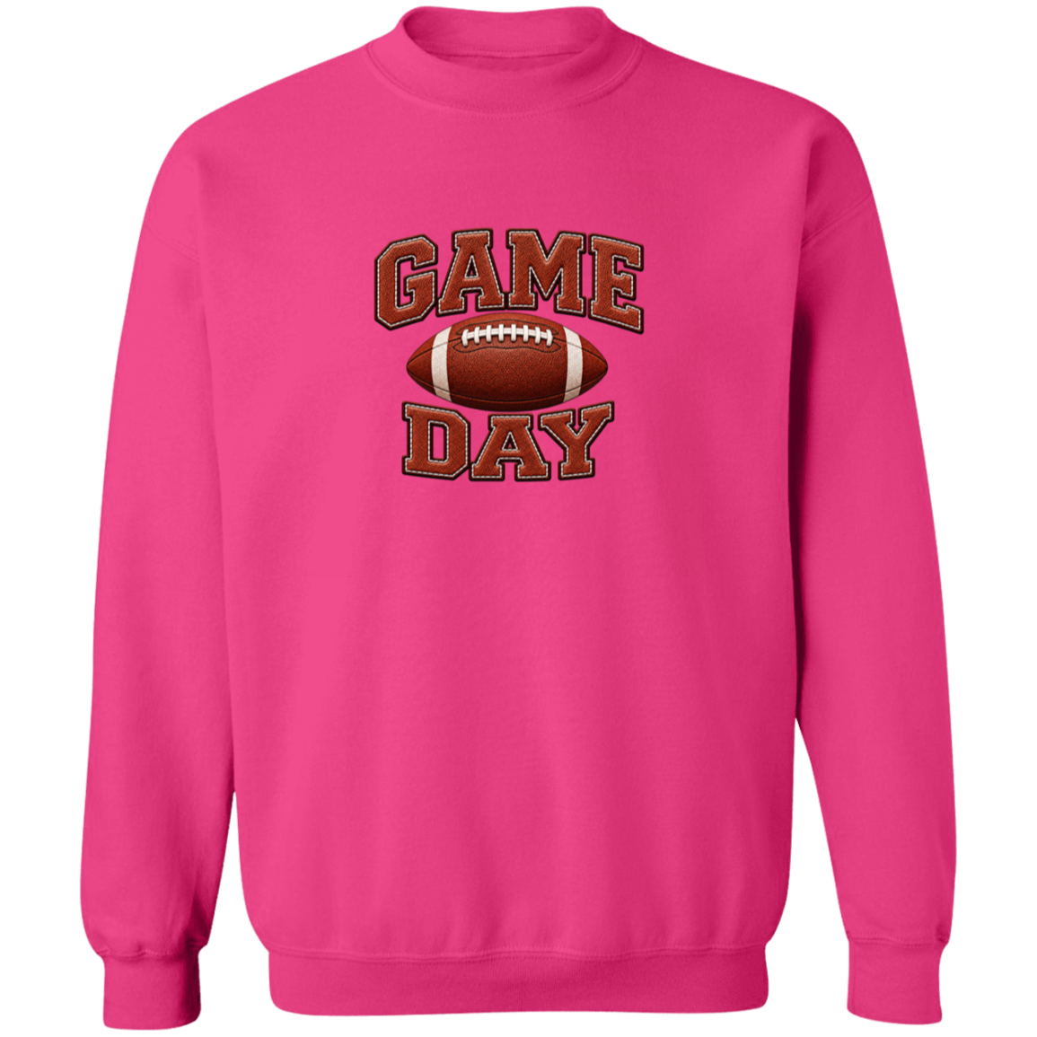 A bright pink crewneck sweatshirt featuring a 'GAME DAY' football graphic on the chest, displayed against a solid white background.