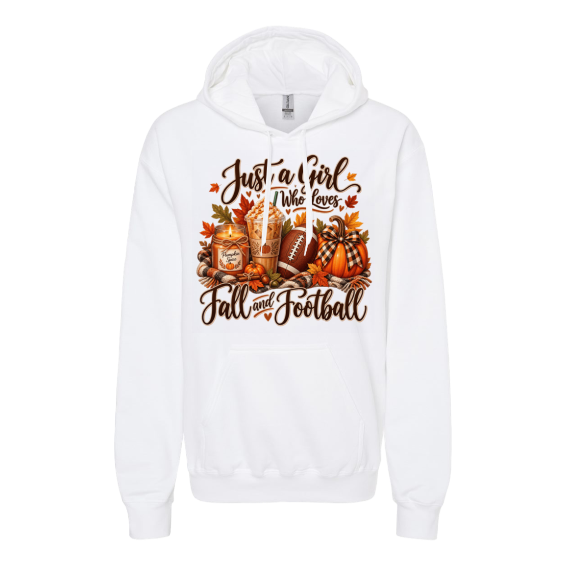 A white pullover hoodie with a front graphic featuring the text 'Just a Girl Who Loves Fall and Football' in brown script, surrounded by autumn-themed illustrations including pumpkins, a football, leaves, and a plaid pattern.