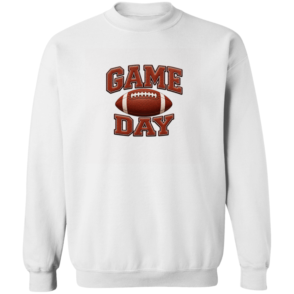 A white crewneck sweatshirt featuring a 'GAME DAY' football graphic on the chest, displayed on a clean white background.