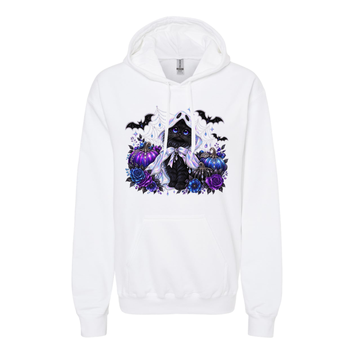 A white pullover hoodie featuring a gothic Halloween graphic of a black cat in a white bow surrounded by purple and blue flowers, with black bats flying above, displayed on a clean white background.
