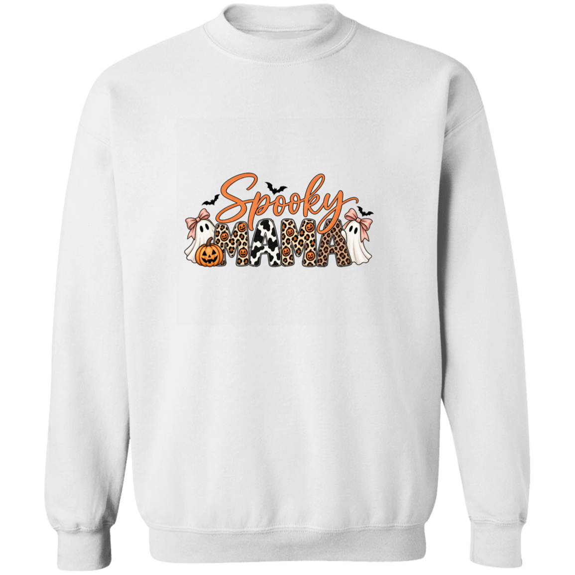 white crewneck sweatshirt with a 'Spooky Mama' graphic featuring Halloween-themed characters and patterns.