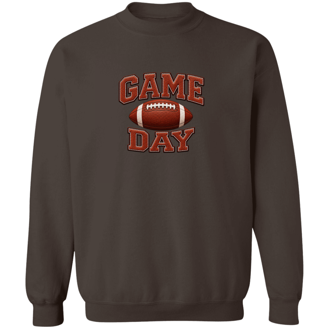 A dark brown crewneck sweatshirt featuring a 'GAME DAY' football graphic on the chest, displayed against a solid white background.