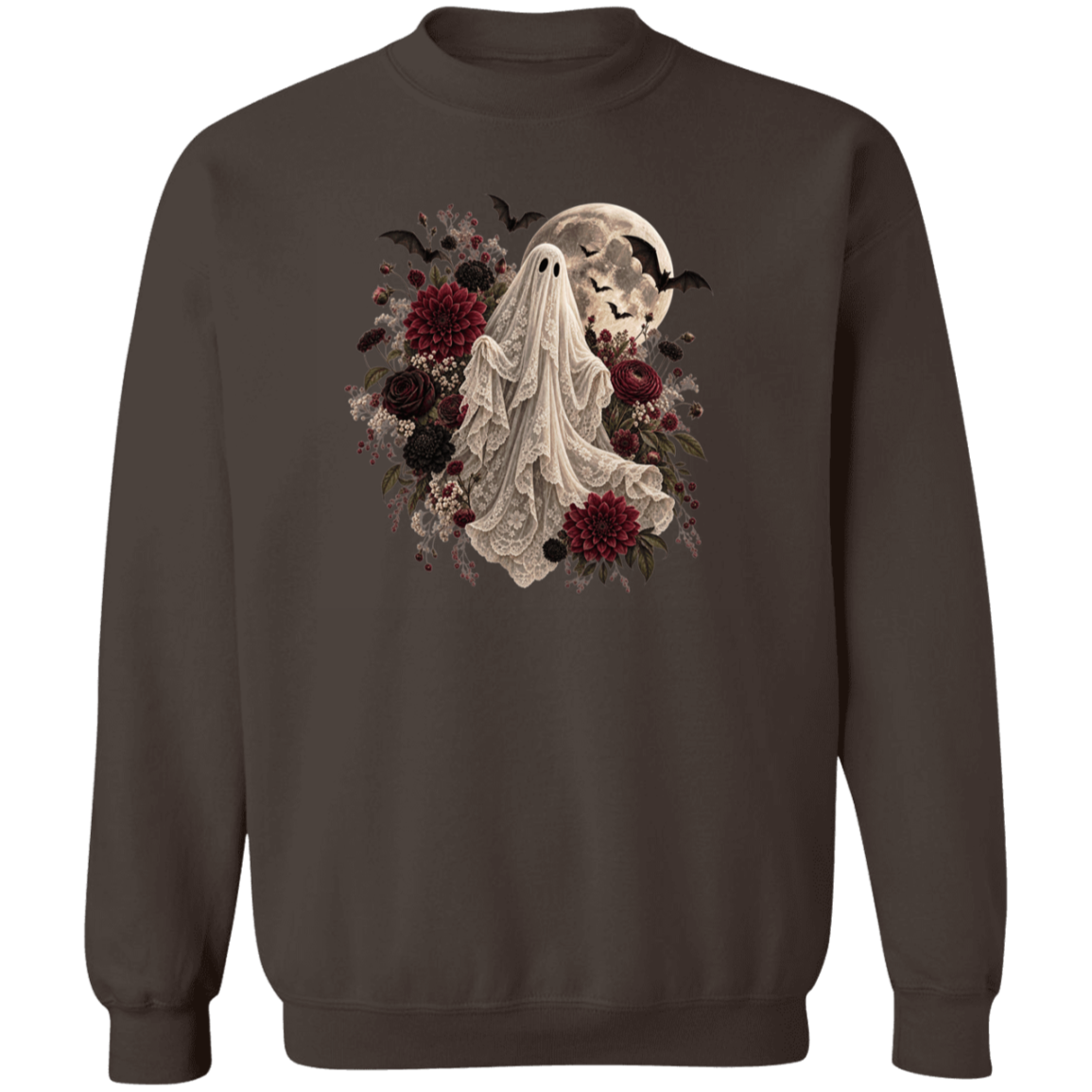 A dark brown crewneck sweatshirt featuring a detailed graphic print of a white ghost surrounded by red and black flowers, a full moon, and bats.
