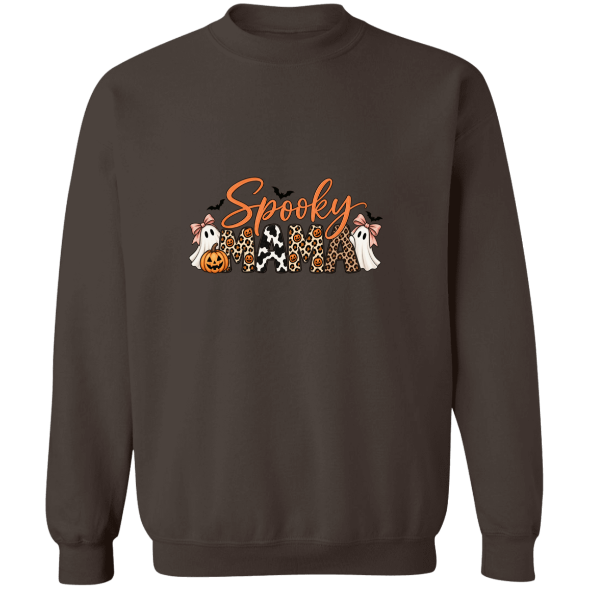 Brown crewneck sweatshirt with a 'Spooky Mama' graphic featuring Halloween-themed characters and patterns.