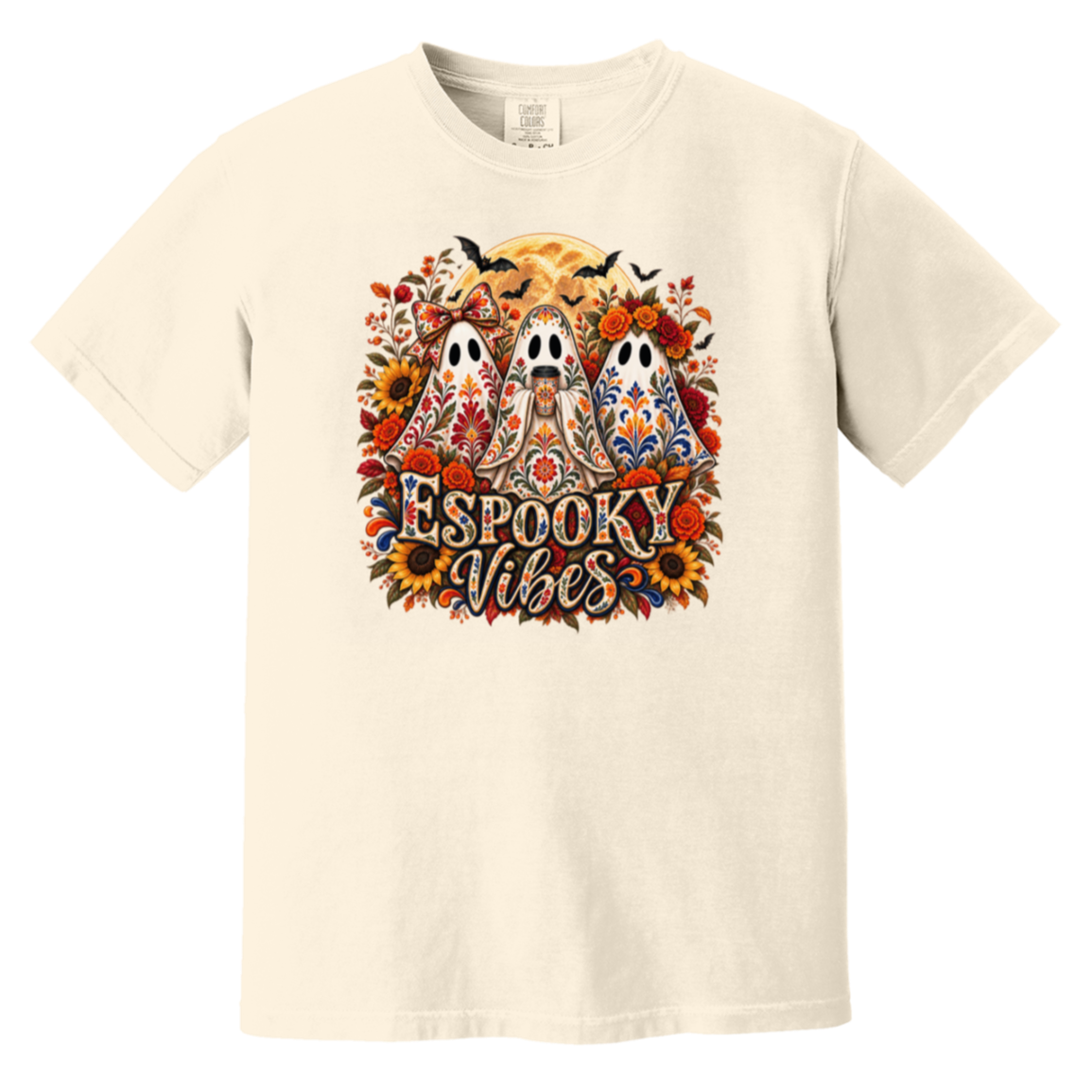 Cream crewneck t-shirt featuring a colorful graphic print of three decorated ghosts, sunflowers, bats, and the text 'Espooky Vibes' in a stylized font.