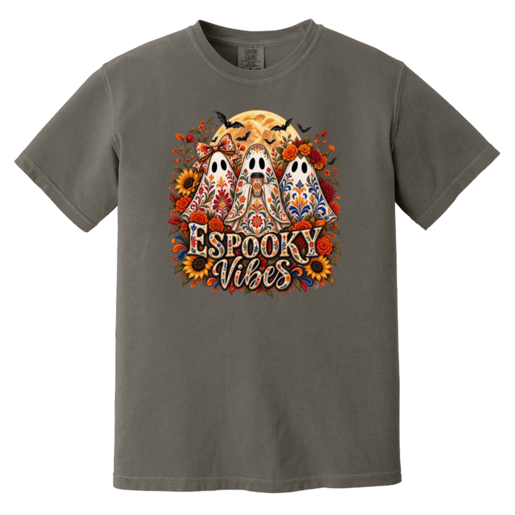 A dark gray crewneck t-shirt featuring a colorful graphic print of three decorated ghosts, sunflowers, bats, and the text 'Espooky Vibes' in a stylized font.