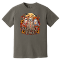 A dark gray crewneck t-shirt featuring a colorful graphic print of three decorated ghosts, sunflowers, bats, and the text 'Espooky Vibes' in a stylized font.