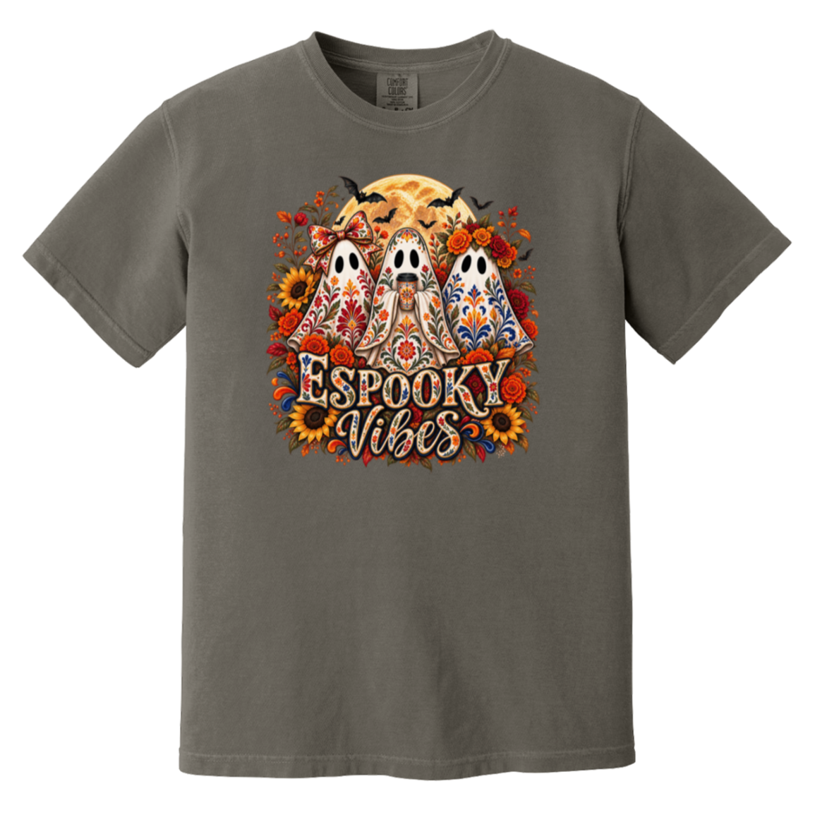 A dark gray crewneck t-shirt featuring a colorful graphic print of three decorated ghosts, sunflowers, bats, and the text 'Espooky Vibes' in a stylized font.