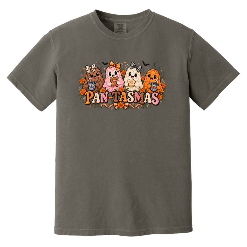 A dark gray crewneck t-shirt featuring a colorful graphic of four ghost like pan dulce breads with the text 'PAN-TASMAS' printed below them.