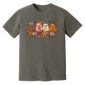 A dark gray crewneck t-shirt featuring a colorful graphic of four ghost like pan dulce breads with the text 'PAN-TASMAS' printed below them.
