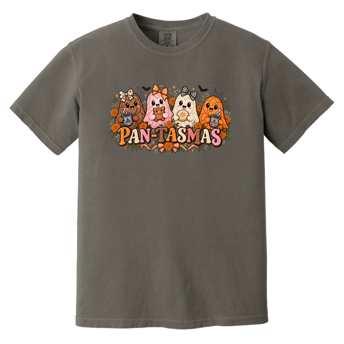A dark gray crewneck t-shirt featuring a colorful graphic of four ghost like pan dulce breads with the text 'PAN-TASMAS' printed below them.