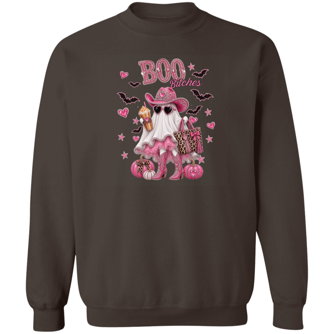 Dark gray crewneck sweatshirt with a pink and black 'Boo Bitches' Halloween graphic featuring a ghost, cowboy hat, sunglasses, and pumpkins.