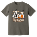 A dark gray crewneck t-shirt featuring a Halloween graphic of three longhorn bulls dressed in ghost costumes, with one pumpkin and one ghost bag, and the text 'Bull Sheet' written below.