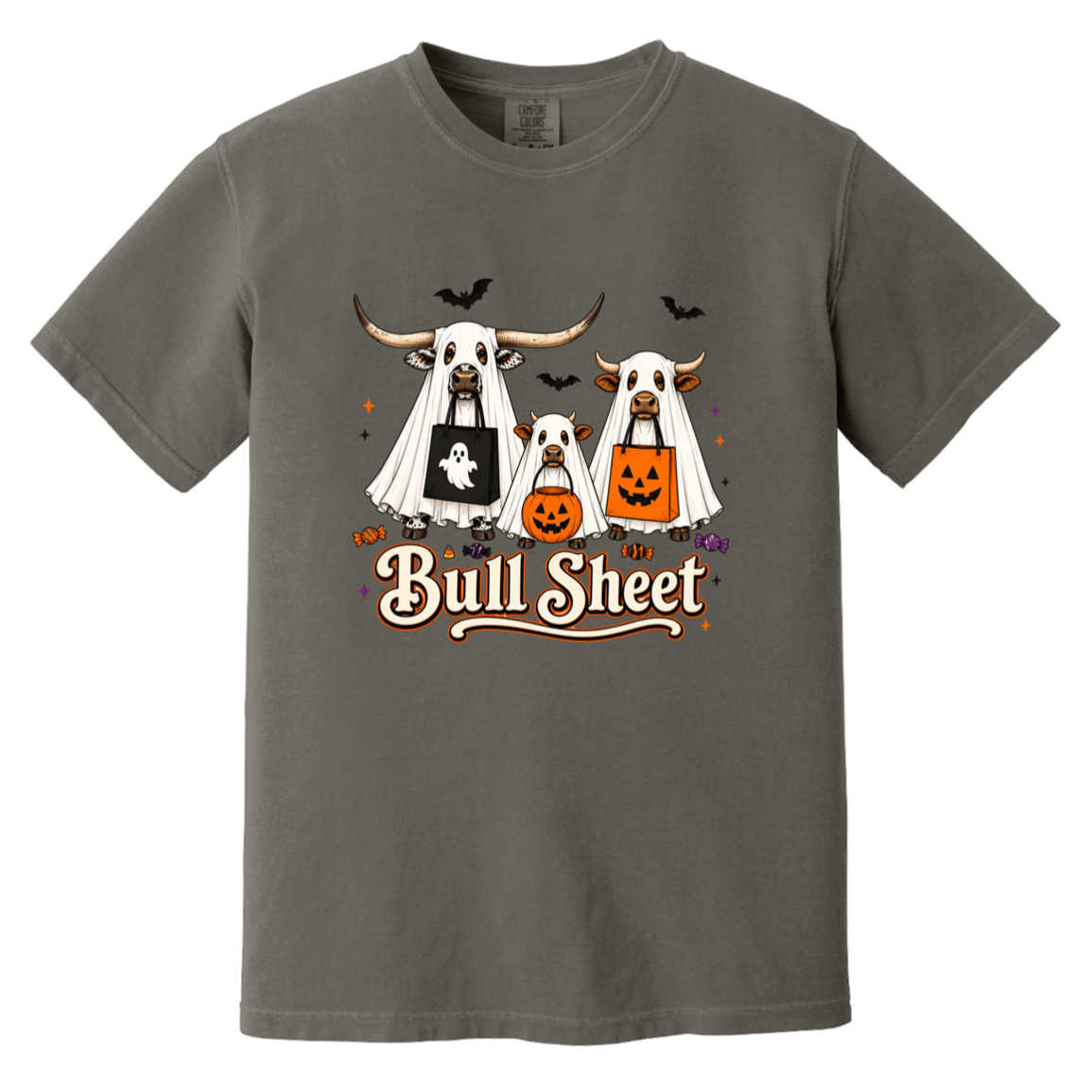 A dark gray crewneck t-shirt featuring a Halloween graphic of three longhorn bulls dressed in ghost costumes, with one pumpkin and one ghost bag, and the text 'Bull Sheet' written below.