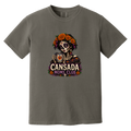 A dark gray crewneck t-shirt featuring a colorful Day of the Dead sugar skull graphic holding a teacup, with 'CANSADA MOMS, CLUB' printed below.