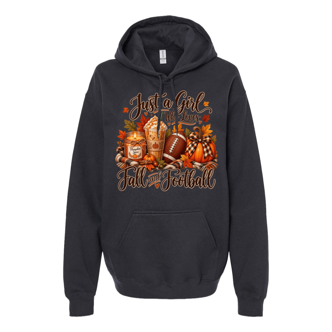 A dark charcoal gray hoodie with a front graphic featuring autumn football-themed illustrations and the text 'Just a Girl Will Love Fall my Football'.