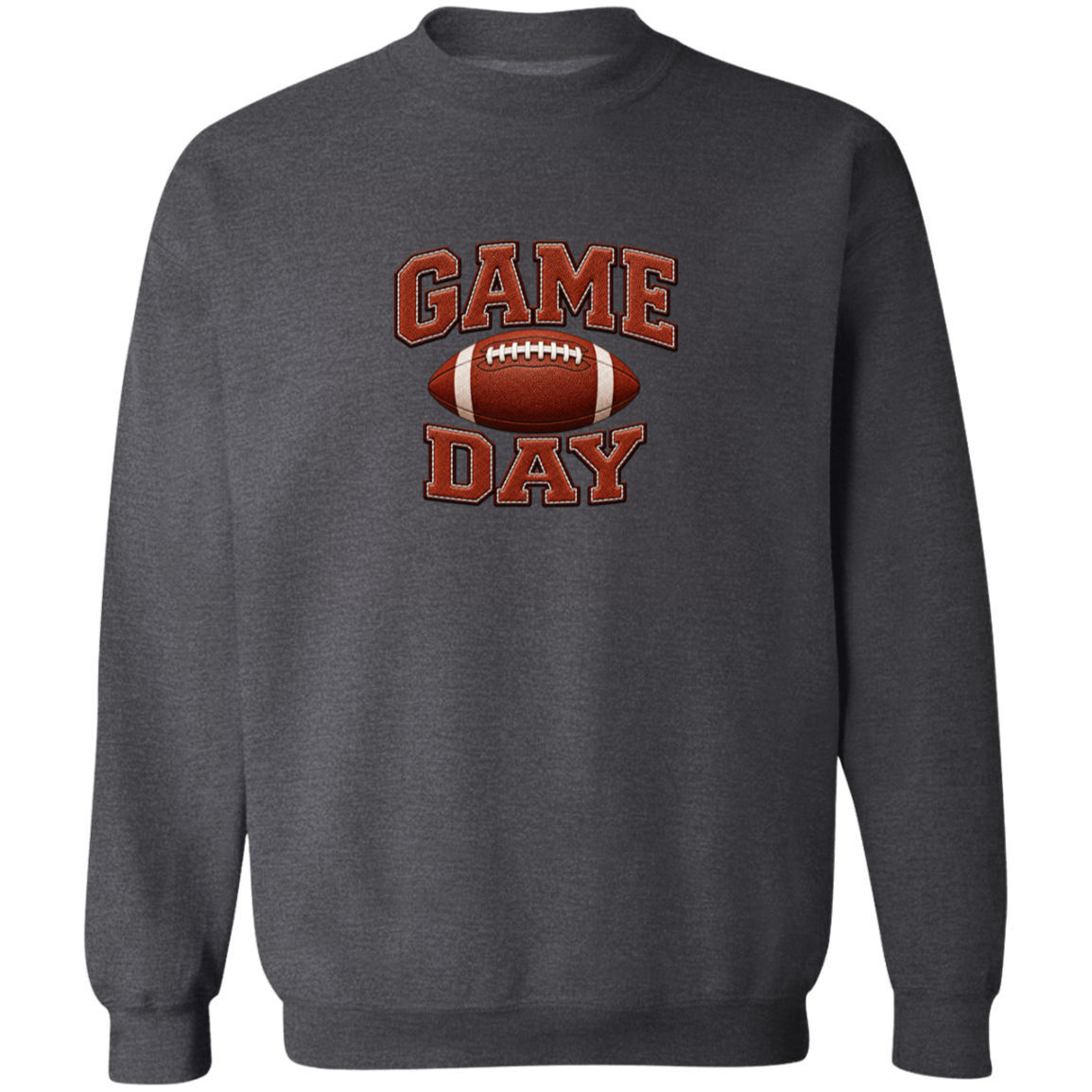 A dark heather gray crewneck sweatshirt featuring a 'GAME DAY' football graphic on the chest in red and brown.
