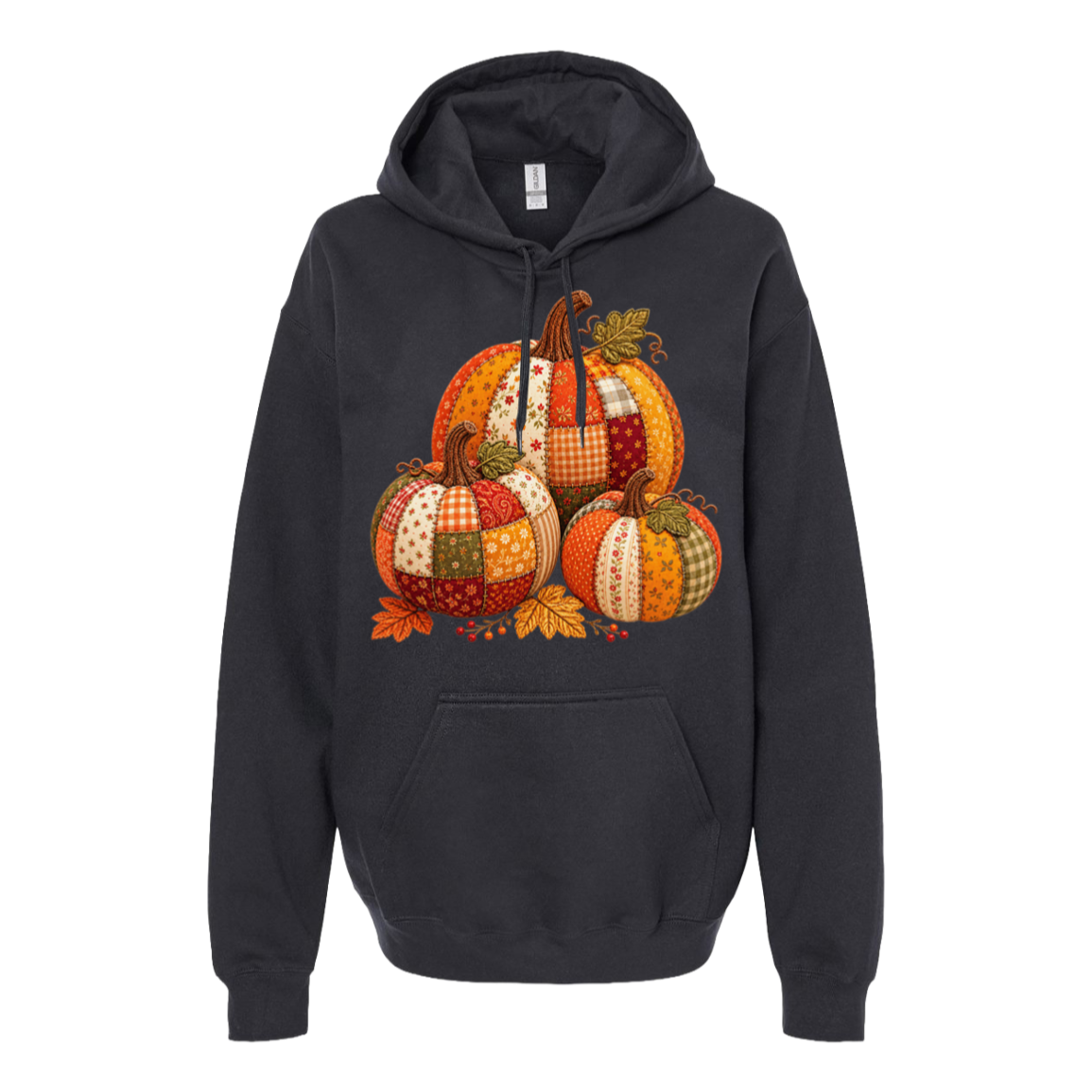 A dark charcoal gray pullover hoodie featuring a large graphic print of four patchwork-patterned pumpkins and autumn leaves on the front, displayed against a solid white background.