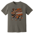 A dark gray tshirt featuring a skeleton wearing a leopard print fur coat, pushing a shopping cart full of pumpkins with the text ‘off to spend my husbands money’ 