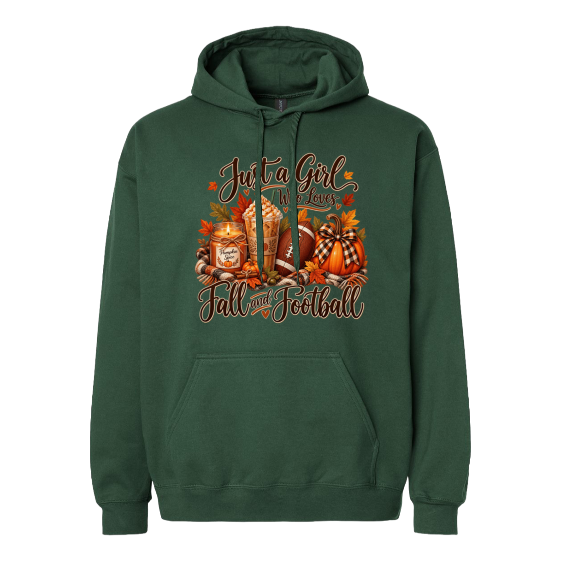 A dark green pullover hoodie with a front graphic featuring the text 'Just a Girl Loves Fall Football' and an autumn football-themed illustration with pumpkins, leaves, and a football, shown on a plain white background.