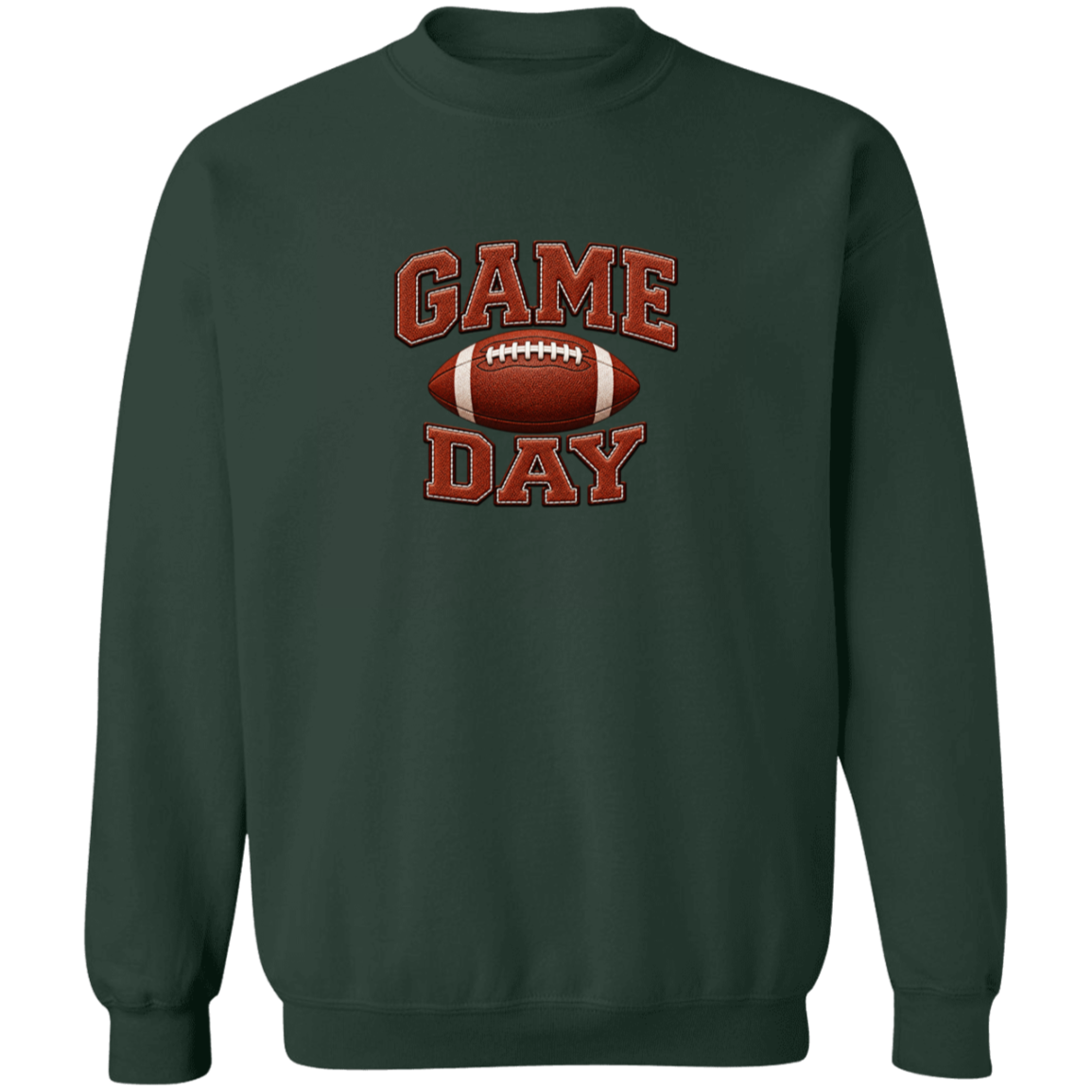 A dark green crewneck sweatshirt featuring a 'GAME DAY' football graphic on the chest, displayed against a solid white background.