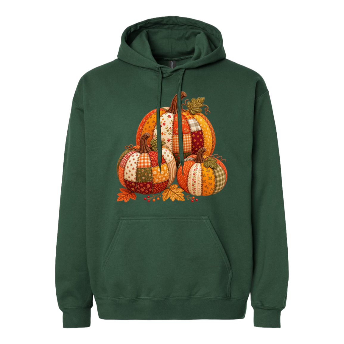 A dark green pullover hoodie featuring a graphic print of four patchwork-patterned pumpkins and autumn leaves on the chest, displayed against a solid white background.