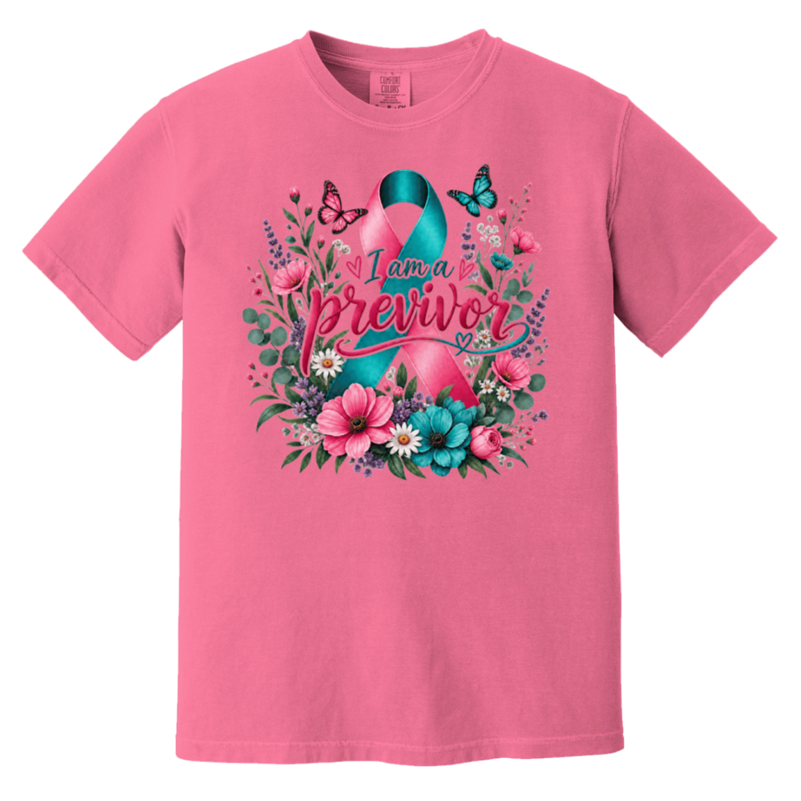 Dark pink short-sleeve crewneck t-shirt featuring a colorful graphic on the front. The graphic displays a pink and teal awareness ribbon surrounded by pink flowers, green leaves, purple blossoms, and butterflies, with the text 'I am a previvor' written across the center.