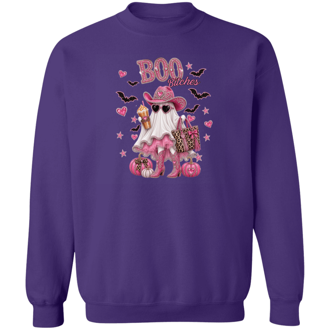 A purple crewneck sweatshirt with a pink and black 'Boo Bitches' Halloween graphic featuring a ghost, cowboy hat, sunglasses, and pumpkins.