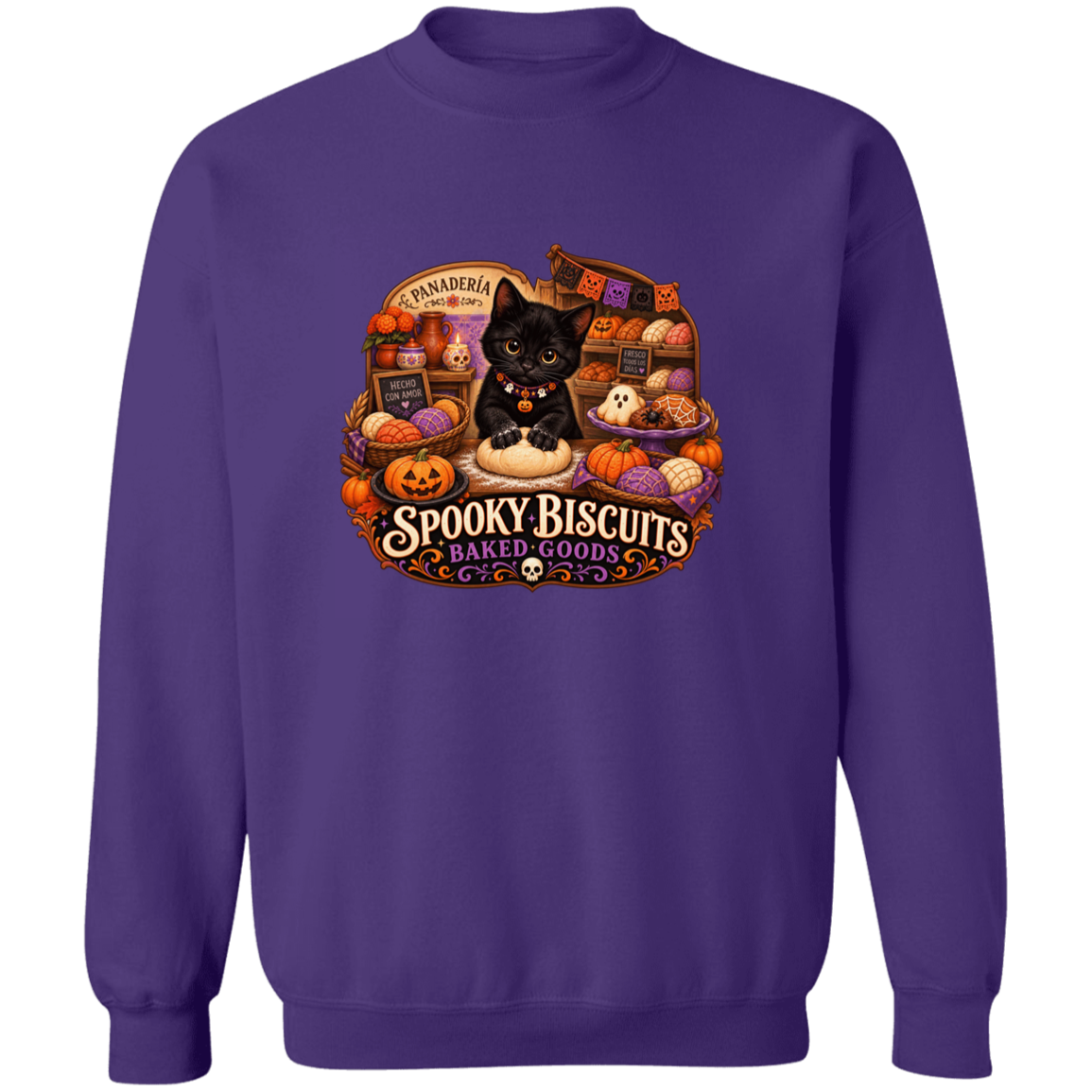 Dark purple crewneck sweatshirt with a large, colorful Halloween-themed graphic on the front. The graphic features a black cat surrounded by pumpkins, ghosts, and the text 'Spooky Biscuits Baked Goods'.