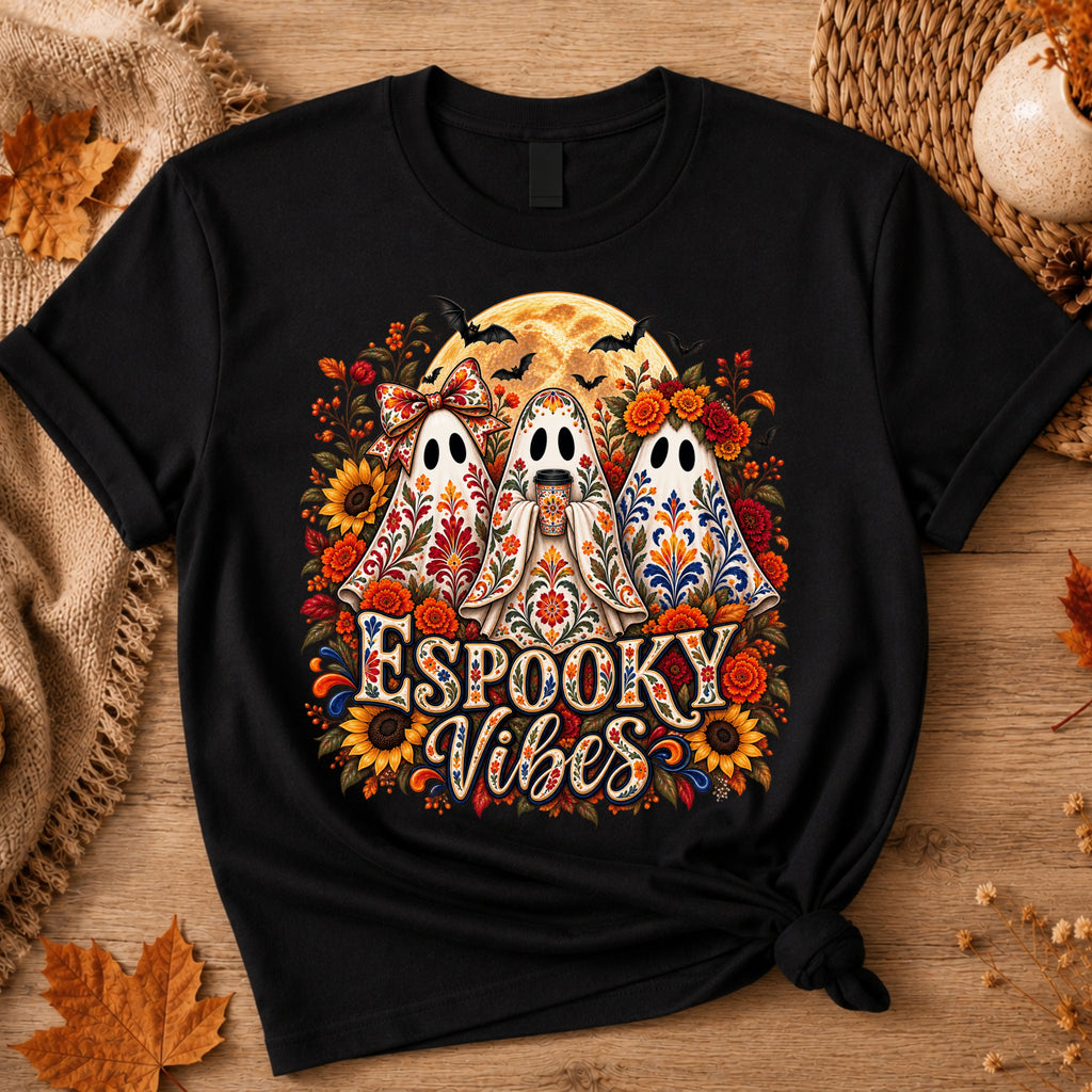 A black short-sleeve graphic T-shirt laid flat on a wooden surface with autumn props. The shirt features a large colorful front print with three ghost figures, flowers, bats, a full moon, and the words “Espooky Vibes.